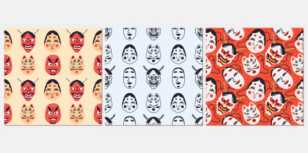 Kabuki Theater seamless pattern vector illustration. Japan mask, okame, oni, hyottoko, tengu, kitsune texture design. Mythology, ethnic background. hannya stock illustrations