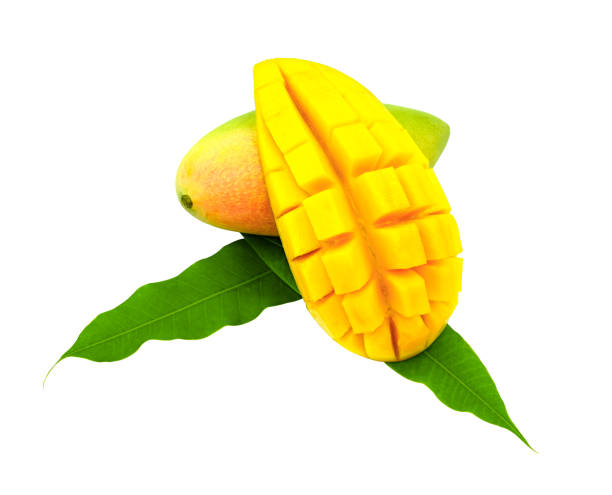 istock fresh mango ripe fruit on green leaves. isolated white background with clipping path. orange and yellow  sweet food in summer season. pattern cut half square food. 1301396845