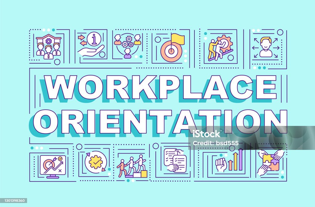 Workplace orientation word concepts banner Workplace orientation word concepts banner. Help new employee. New job adaptation. Infographics with linear icons on blue background. Isolated typography. Vector outline RGB color illustration Employee stock vector