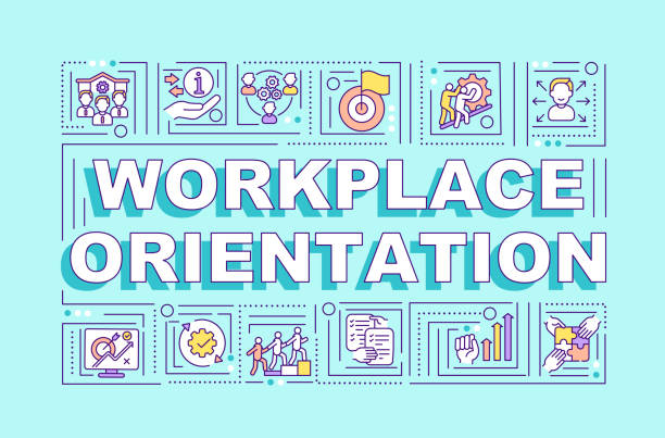Workplace orientation word concepts banner Workplace orientation word concepts banner. Help new employee. New job adaptation. Infographics with linear icons on blue background. Isolated typography. Vector outline RGB color illustration adaptation concept stock illustrations
