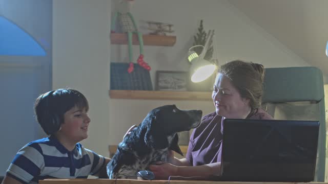 Family idyll mom and son and dog communicate in front of laptop