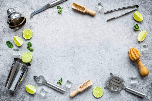 istock Flat lay frame of bar accessories and ingredients for mojito cocktail 1301400540