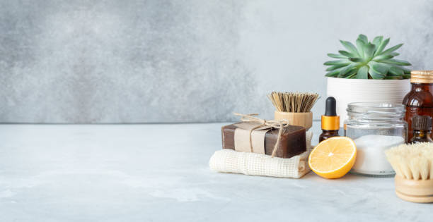 istock Horizontal banner with zero waste cleaning products and tools. Bamboo accessories and natural products for cleaning the kitchen. Copy space 1301402494