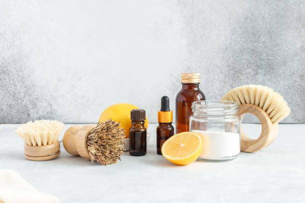istock Spring Cleaning concept. Bamboo brushes and natural products for eco cleaning. Zero waste eco friendly cleaning concept. Copy space for your text 1301402604