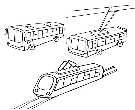 Set of outline pictures of public transport, bus and trolleybus. Electric tram transport. Hand-drawn isolated contour objects on a white background. Doodle.
