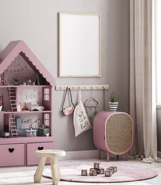 istock Mock up frame in cozy nursery interior background, Scandinavian style 1301404371