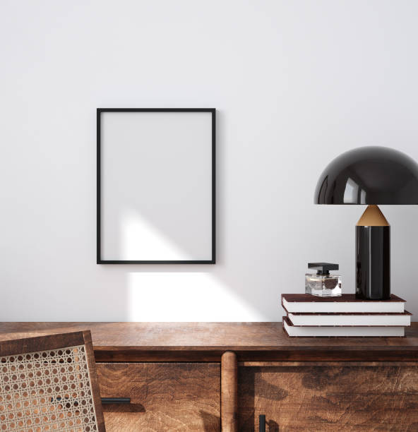 istock Mockup poster frame close up in minimalist modern interior background 1301404377