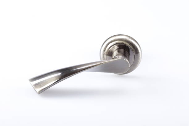 istock Silver metal door handle on a white background. 1301405895