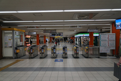 Subway station photo from Osaka during off hours in spring.