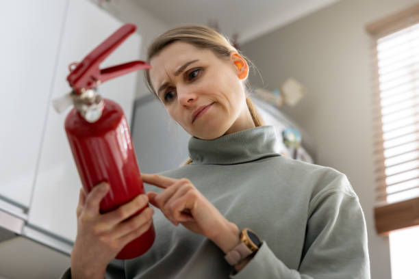 woman check the fire extinguisher expiration date at home woman check the fire extinguisher expiration date at home fire extinguisher photos stock pictures, royalty-free photos & images