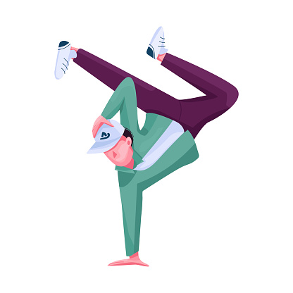 Street dance performer flat color vector faceless character. Teenage urban dancer. Hip hop, breakdance performance isolated cartoon illustration for web graphic design and animation