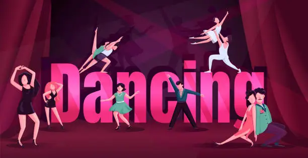 Vector illustration of Dance word concepts flat color vector banner. Contemp, rumba competition. Typography with tiny cartoon characters. Tango, ballet, swing male and female dancers creative illustration