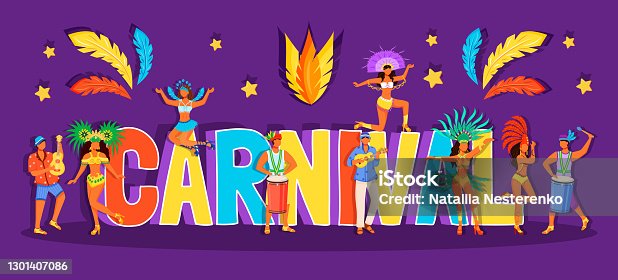 istock Carnival word concepts flat color vector banner. Musicians and dancers. Festive costumes. Isolated typography, tiny cartoon characters. Brazilian celebration creative illustration isolated on purple 1301407086