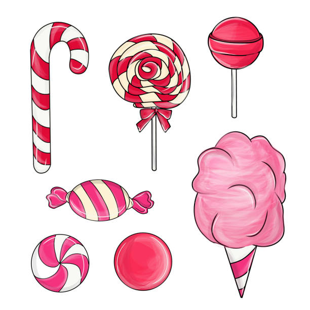 süßigkeiten und süßigkeiten icon vektor. set von süßigkeiten, süßigkeiten und gestreiften lutscher symbole isoliert auf weißem hintergrund. - peppermint candy stick striped stock-grafiken, -clipart, -cartoons und -symbole