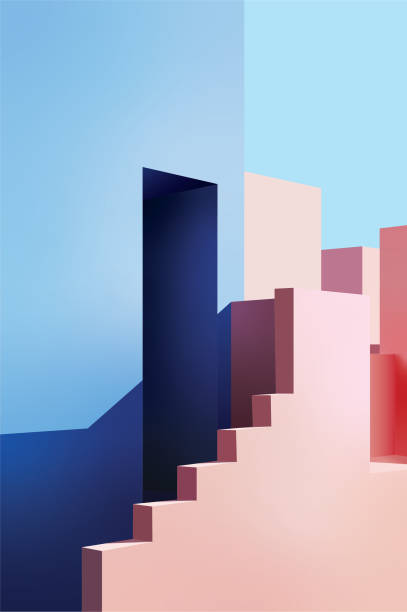 minimal building entrance blue pink illustration