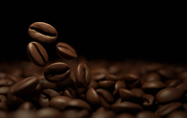 istock Roasted coffee beans 3d rendering background. Masses of falling coffee beans close up. 1301408557
