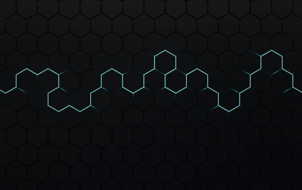 istock Hexagonal abstract background, depth of field effect. Futuristic cellular 3d panel with hexagons and neon light. Ceramic or metallic tile. 3d wall texture.  Geometric background for interior wallpaper design 1301408575
