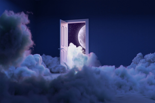 sala llena de nubes sueño surrealista 3d renderizando luna photo
