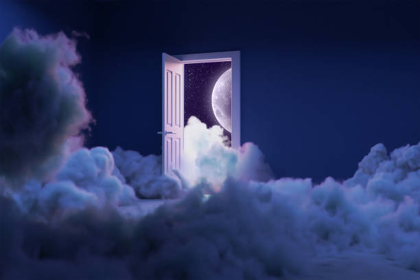 sala llena de nubes sueño surrealista 3d renderizando luna - dreams fotografías e imágenes de stock