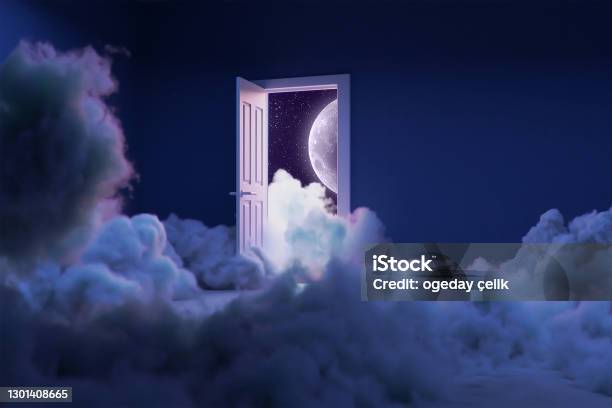 Room Full Of Clouds Surreal Dream 3d Rendering Moon Stock Photo - Download Image Now