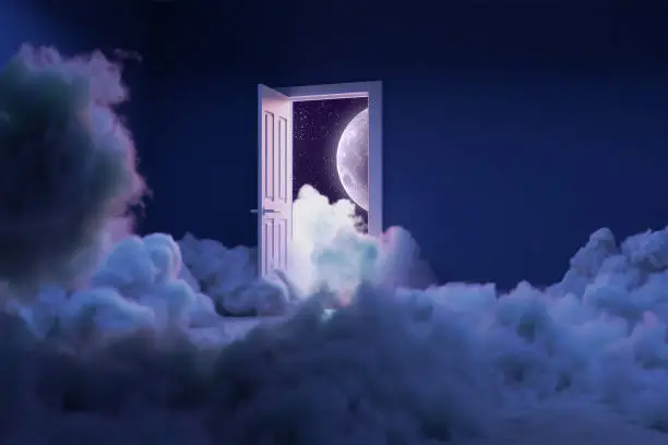 Photo of room full of clouds surreal dream 3d rendering moon