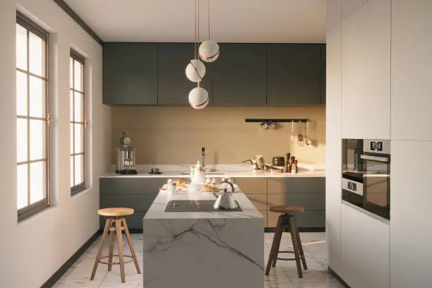 Modern designed cozy kitchen interior in a sunny morning. ( 3d render )