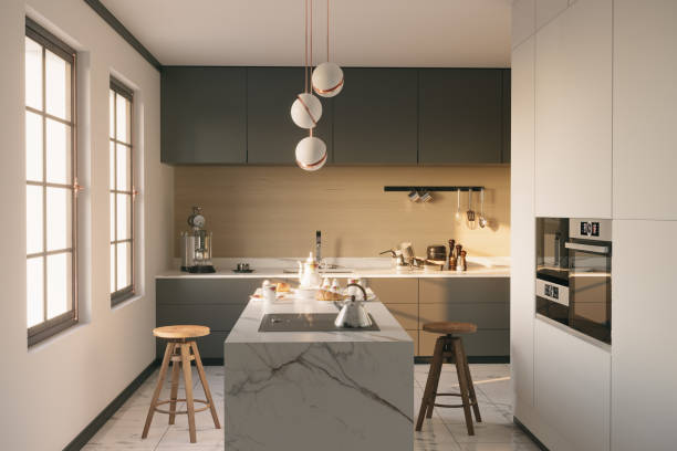 modern kitchen interior - living room showcase interior luxury dining room imagens e fotografias de stock