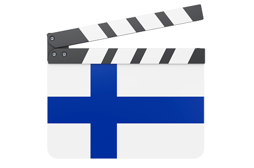 Movie clapperboard with Finnish flag, film industry concept. 3D rendering isolated on white background