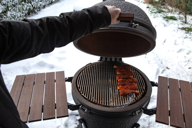 winter bbq in the fresh white snow, men grilling chicken wings in the winter onn grill - grilled chicken chicken barbecue fire imagens e fotografias de stock