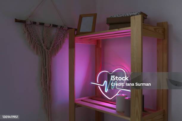Neon Sign Pink And Blue Heart In The Decor Of The Home Trendy Style Stock Photo - Download Image Now