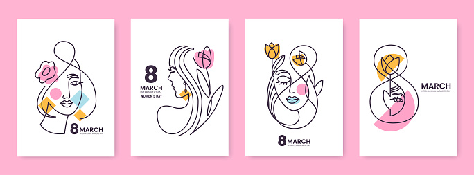 Women's Day greeting card collection in line art style. Linear silhouettes of beautiful women with flowers and decorative elements isolated on white. Ideal for postcard, promo, beauty salon.
