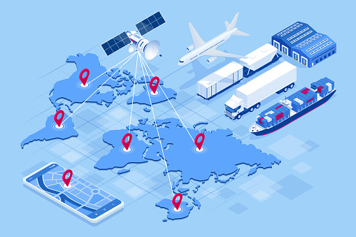Isometric Global logistics network concept Freight shipping. Satellite tracks the movement of freight transport. Maritime, air shipping transport logistic, warehouse storage concept, export or import.