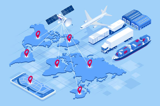 Isometric Global logistics network concept. Freight shipping. Satellite tracks the movement of freight transport. Maritime, air shipping transport logistic, warehouse storage concept, export or import Isometric Global logistics network concept Freight shipping. Satellite tracks the movement of freight transport. Maritime, air shipping transport logistic, warehouse storage concept, export or import. freight transportation stock illustrations