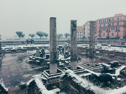 Serapide Roman age  Monument in Pozzuoli with Snow, Naples, Italy