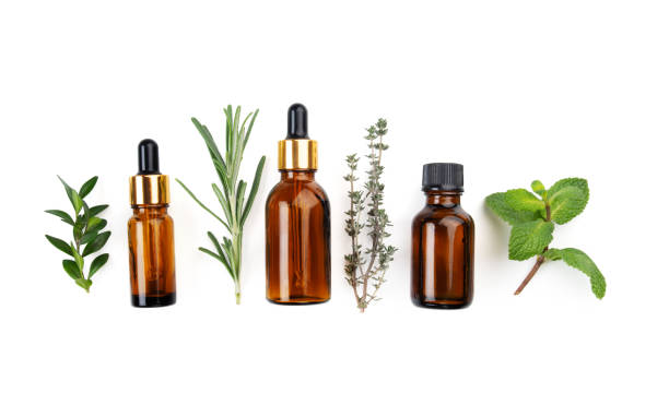 istock Dropper bottles with oil and herbs on white table flat lay view. Herbal cosmetics concept 1301415517