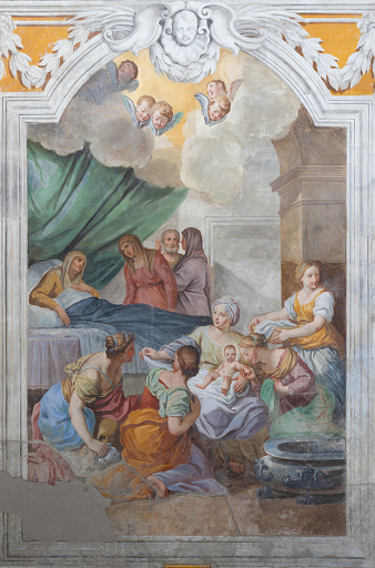 Acireale - The fresco of Nativity of Virgin Mary in church Chiesa di San Camillo by Pietro Paolo Vasta (1745 - 1750).