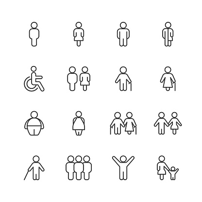 16 People Outline Icons. Male, Female, Senior Adult, Boy, Girl, Disability Symbol, Overweight, Blind Person, Family, Relationship, Business Man, Business Woman, Leadership.