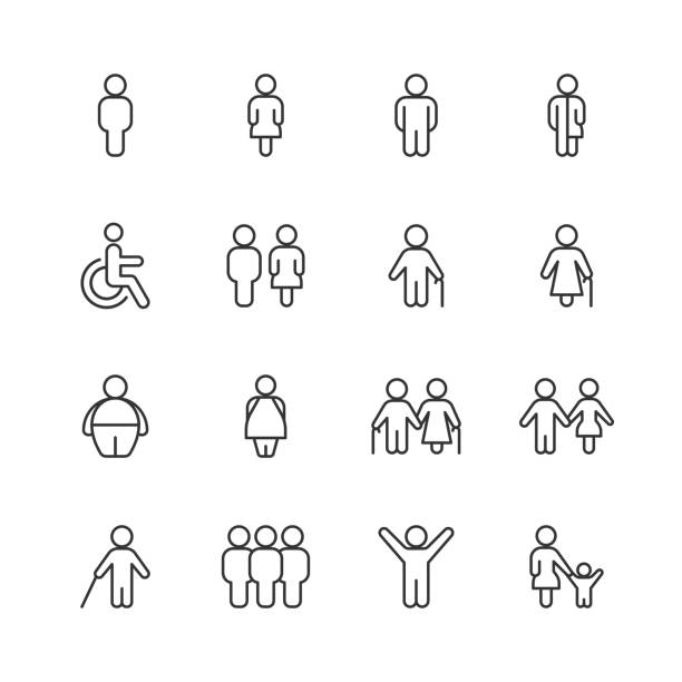 People Line Icons. Editable Stroke. Pixel Perfect. For Mobile and Web. Contains such icons as Male, Female, Senior Adult, Boy, Girl, Disability Symbol, Overweight, Blind Person, Family, Relationship, Business Man, Business Woman, Leadership. 16 People Outline Icons. Male, Female, Senior Adult, Boy, Girl, Disability Symbol, Overweight, Blind Person, Family, Relationship, Business Man, Business Woman, Leadership. gender symbol stock illustrations