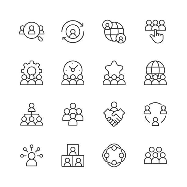 Business People and Teamwork Line Icons. Editable Stroke. Pixel Perfect. For Mobile and Web. Contains such icons as Business Man, Business Woman, Leadership, Office, Communication, Cooperation, Networking, Business Meeting, Presentation, Chat, Video. 16 Business Team and Cooperation Outline Icons. Business Man, Business Woman, Leadership, Office, Communication, Cooperation, Networking, Business Meeting, Presentation, Chat, Video Conference, Success, Team, Teamwork, Business Team, Workplace, Startup, Leader, Strategy, Management. crowd of people icons stock illustrations