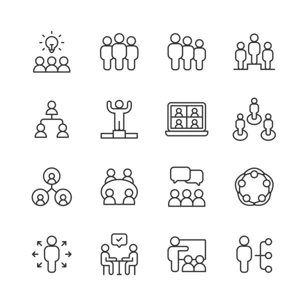 ilustrações de stock, clip art, desenhos animados e ícones de business people and teamwork line icons. editable stroke. pixel perfect. for mobile and web. contains such icons as business man, business woman, leadership, office, communication, cooperation, networking, business meeting, presentation, chat, video. - infographic success business meeting
