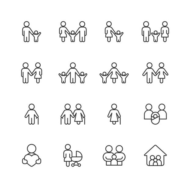 ilustrações de stock, clip art, desenhos animados e ícones de family line icons. editable stroke. pixel perfect. for mobile and web. contains such icons as family, parent, father, mother, child, home, love, care, pregnancy, support, togetherness, community, multi-generation family, social gathering, senior adult. - family kids