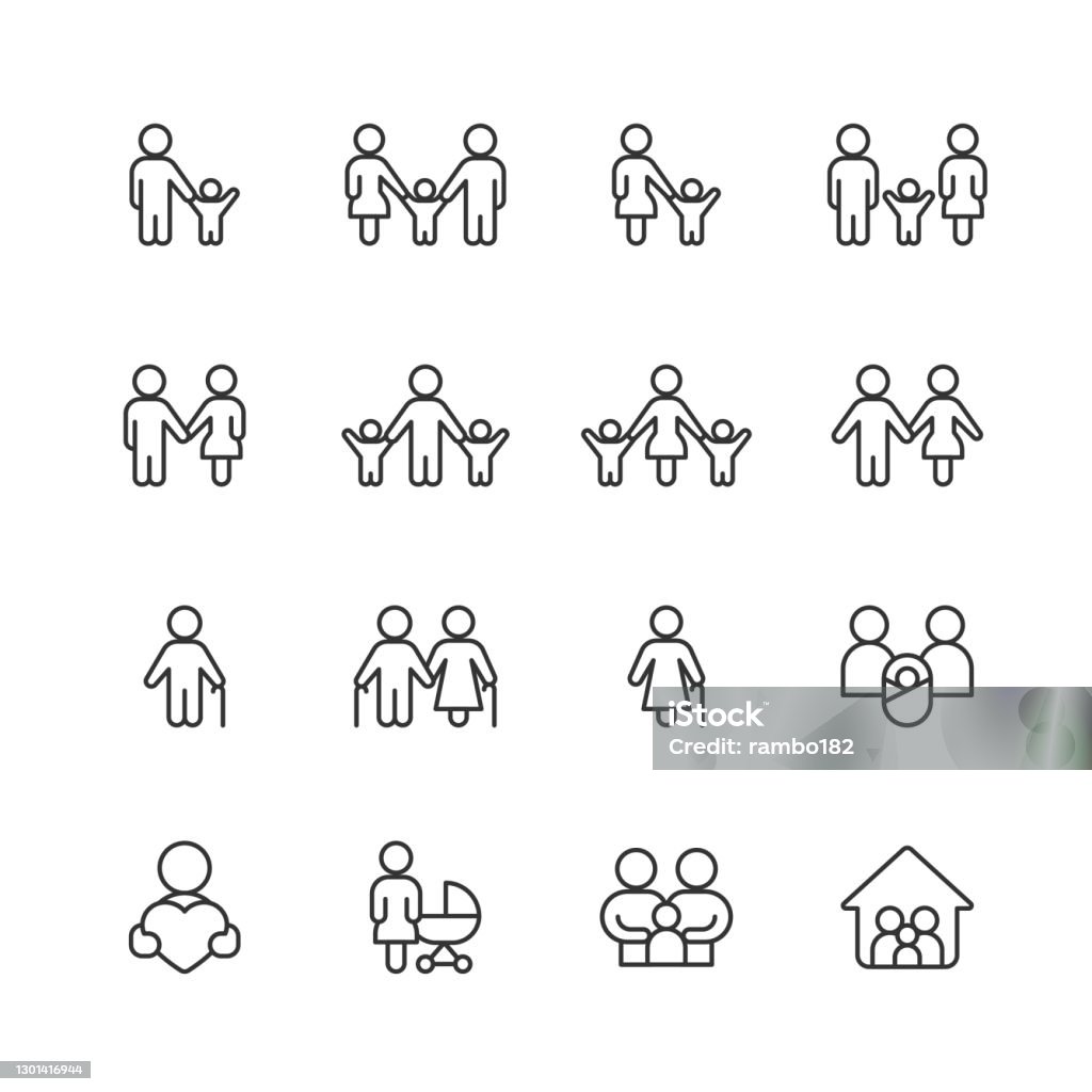 Family Line Icons. Editable Stroke. Pixel Perfect. For Mobile and Web. Contains such icons as Family, Parent, Father, Mother, Child, Home, Love, Care, Pregnancy, Support, Togetherness, Community, Multi-Generation Family, Social Gathering, Senior Adult. 16 Family Outline Icons. Family, Parent, Father, Mother, Child, Home, Love, Care, Pregnancy, Support, Togetherness, Community, Multi-Generation Family, Social Gathering, Man, Woman, Senior Adult, Charity, Domestic Life, Birthday, Protection, Wedding, Marriage, Photography, Human Connection. Icon stock vector