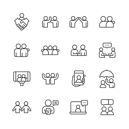 16 Friendship Outline Icons. Friend, Party, Handshake, Bonding, Mental Health, High Five, Video Call, Couple, Relationship, Love, Fist Bump, Celebration, Lough, Social, Group of People, Togetherness.
