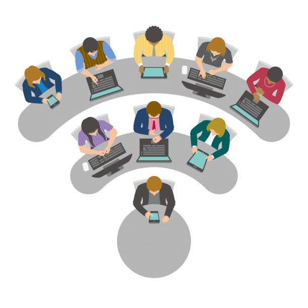 Wi-Fi icon shaped virtual conference table with business people using digital devices vector art illustration