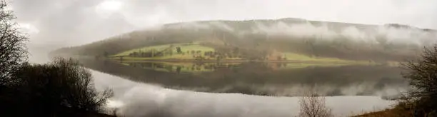 Photo of the Ladybower Reservoir in the Peak District region of Derbyshire, United Kingdom.  Shot in early spring, April, on a clear still day.  Panoramic photo showing the reservoir and reflection.