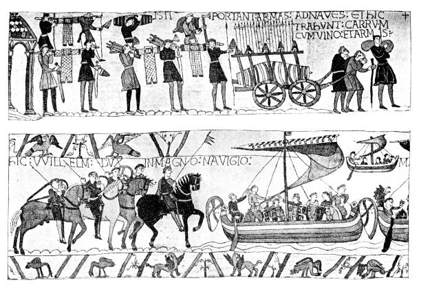 dwie sceny z gobelinu bayeux - tkanina z bayeux obrazy stock illustrations