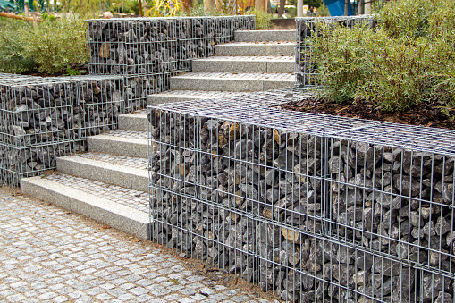 Stone staircase between stone baskets