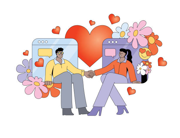 Online date Man and woman on a virtual date.
Editable vectors on layers. internet dating stock illustrations