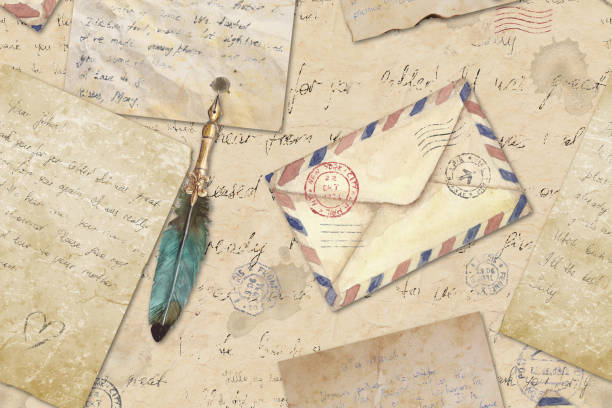 istock Watercolor background in vintage style with hand written letters, post stamps, envelopes, fountain pens, feathers. 1301421672