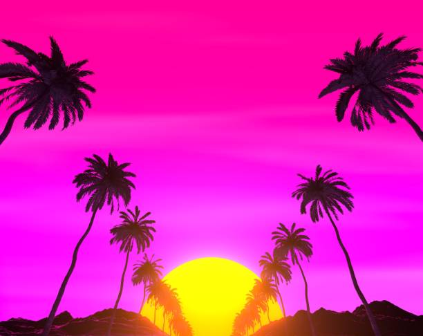 istock Retrowave Tropical Landscape. Palms, Mountains and Sun 1301422123